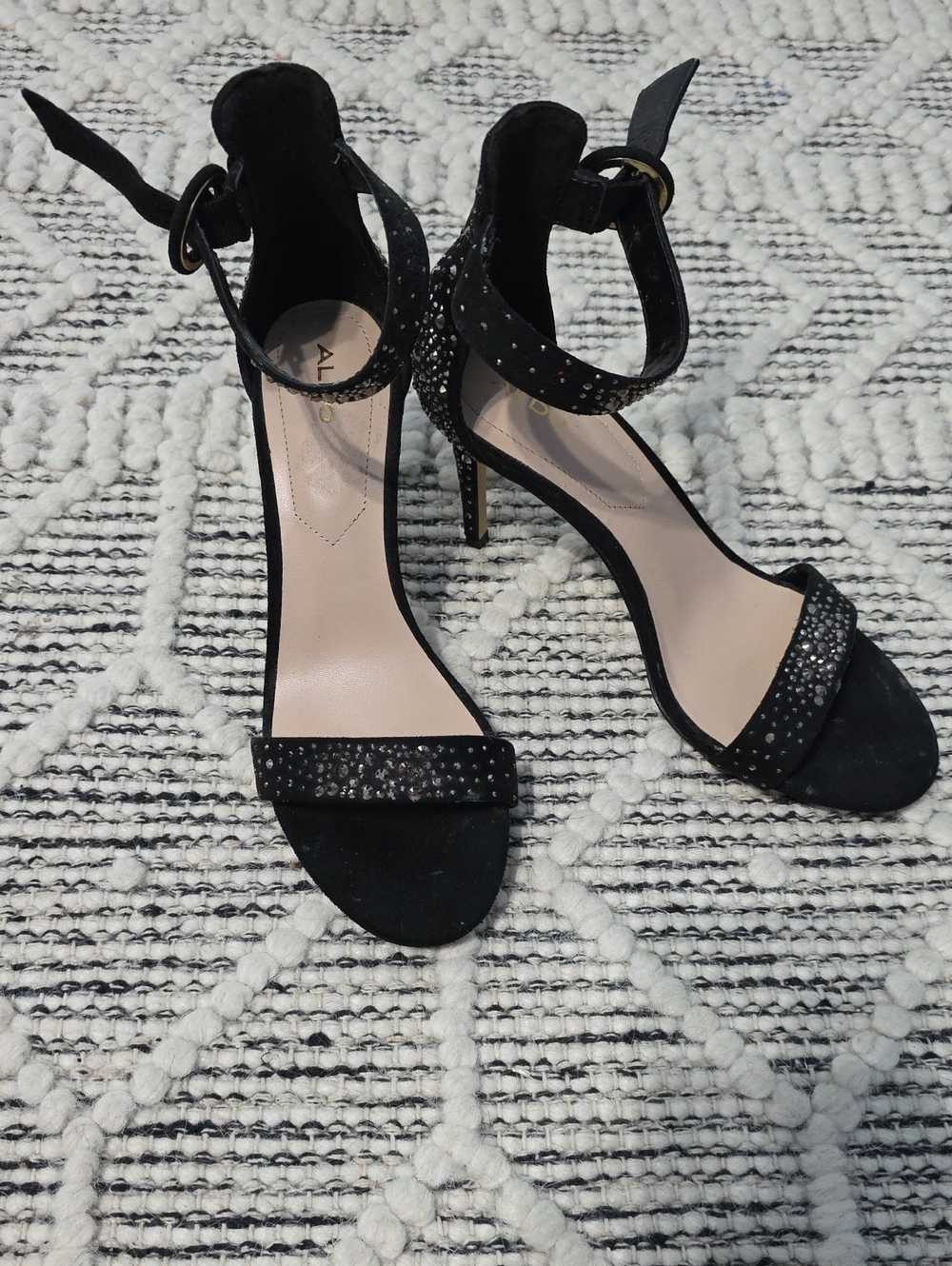 Aldo Black Rhinestone Ankle-Strap Stiletto Sandals